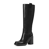 Kalstage Platform Knee High Boots Women Fashion Fall Chunky Heel Boot Square Toe Half Zip Wide Calf Tall Boots for Concert Club Festival