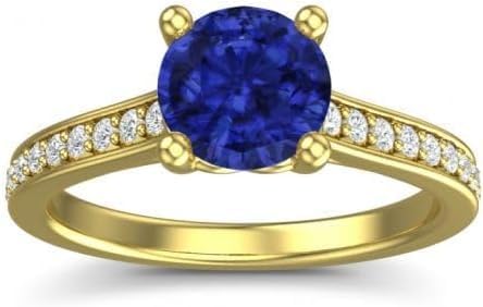Halo Wedding Engagement Ring for Women's 14K Yellow Gold Plated Round Cut Blue Sapphire & Diamond