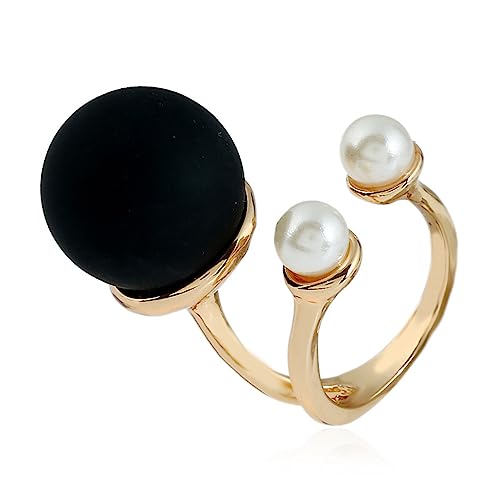 Big Matte Ball Statement Open Wrap Ring for Women Double Shell Pearls Black Ball Finger Rings Comfort Fit Fashion Punk Wedding Promise Party Jewelry Unique Size 8