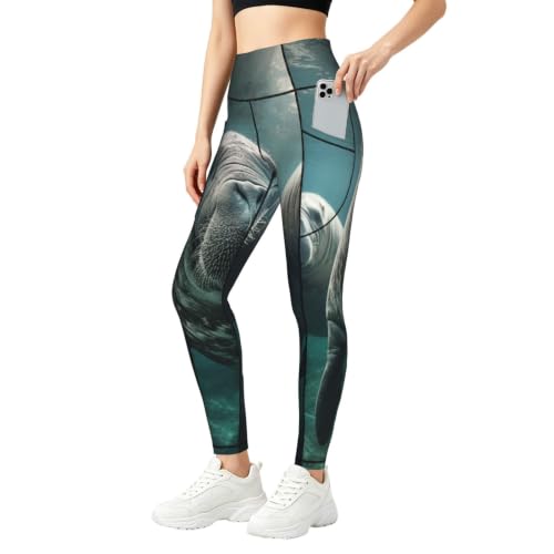 Pantalones de yoga con estampado de manatíes leggings opacos con bolsillos para fitness mujer
