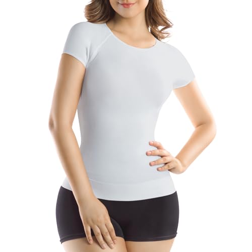 Image of +MD Women's Seamless Short Sleeve Undershirt, Light Compression Scoop Neck Tank Top, Tummy Control Basic Tee Camisole