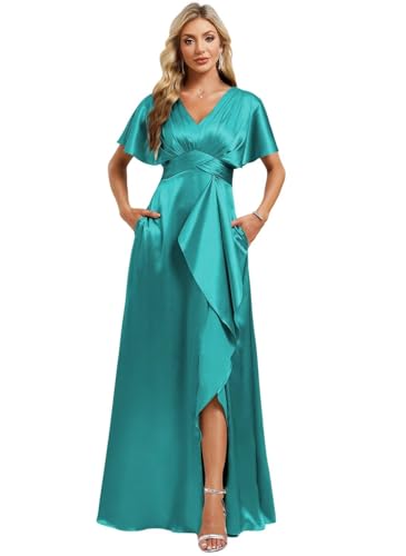 Image of Elegant Satin Bridesmaid Dress with Sleeves Ruffles High Silt Formal Dresses Long for Women Fall DIN022