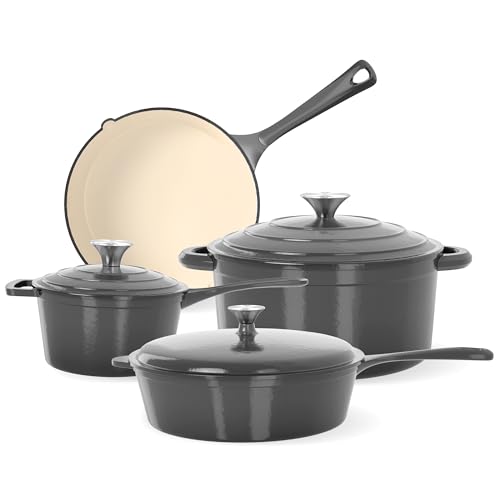 Comparison: Best Cast Iron Non Stick Cookware Set 6 Kitchen Academy 7Pcs Enameled Cast Iron Cookware Sets - Non Toxic Pots and Pans Set Non Stick, Grey Induction Nonstick Cookware Set, PFOA&PFAS Free