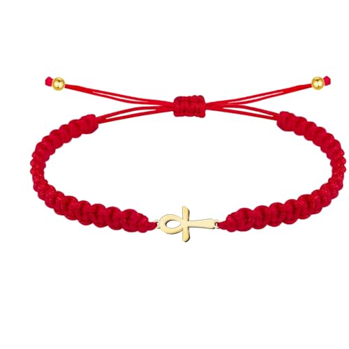 cotigo Pulsera Hilo Destino con Simbolos de acero inoxidable, amuletos de proteccion y suerte, Amuletos contra el mal de ojo - Pulsera Mujer/Pulsera Hombre (CRUZ EGIPCIA ROJO)
