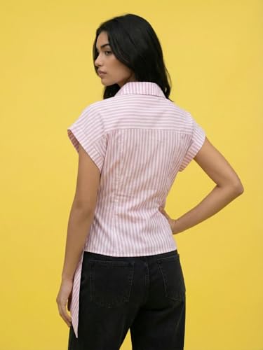 Image of Wrap Style Striped Women Cotton Shirt Drop Shoulder Casual Wear