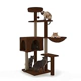 Avilia - Tiragraffi per Gatti 120 Cm Multilivello con Cuccia Chiusa e Amaca Laterale, Struttura con Colonne in Sisal e Giochi Pendente, Ideale per Uso Quotidiano in Casa (Marrone)