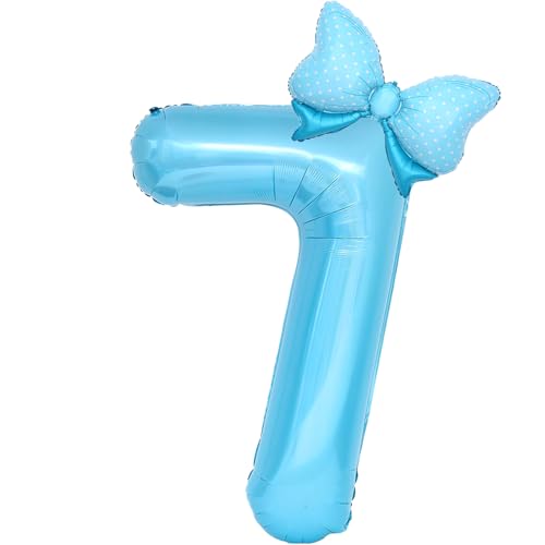 Image of Light Blue 7 Balloon Number Blue Birthday Decorations for Girls, Blue Bow Balloon Foil Mylar Large 40 inch 7 Balloon for Girls Bows Butterfly Coquette 7th Birthday Party Decorations Supplies