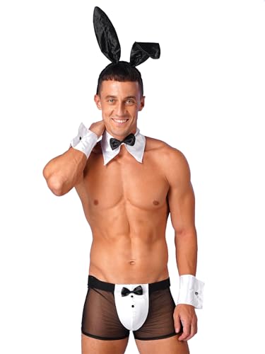 Riismen Costume De Serveur pour Hommes Ensemble Cosplay Lapin Lingerie avec Oreilles Bandeau Lapin Nœud Papillon Col Et Manchettes Boxer Shorts Noir M