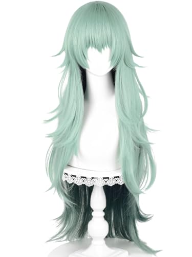 Half and Half Long Curly Ombre Green Ghoul Anime Cosplay Wig with Bangs 37.4'' Light Cyan Wave Spiky Layered Wigs for Women Halloween Party Cosrumes