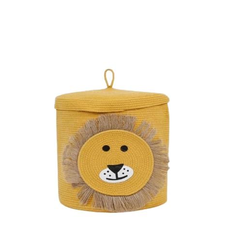 Image of Jute Basket For Storage Cotton Rope Toys Basket With Lid Handwoven Natural Foldable Laundry Hamper for Home, Office, Living Room Size 10x10 inch (YELLOW -LION)