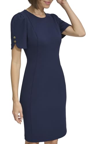Image of DKNY Women's Short Tulip Sleeve Sheath Dress with Button Detail