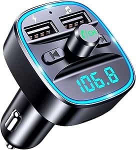 Bluetooth 5.0 FM Transmitter for Car, Wireless Radio Receiver Transmitter Adapter, Dual USB Bluetooth Car Charging Adapter, Hands-Free Calling, Music Player Supports TF Card and USB Disk