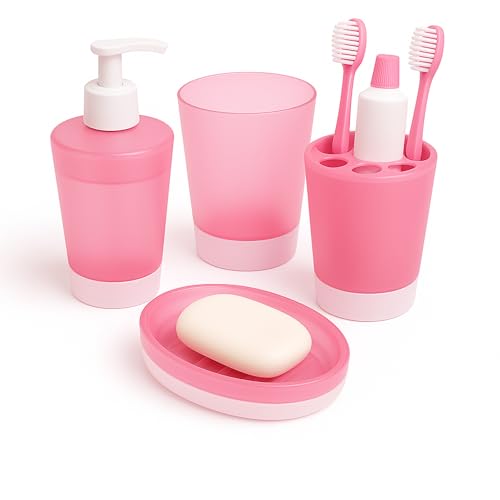 Mypicompany. Set da bagno rosa da 4 pezzi in plastica infrangibile: dispenser sapone bagno, portasapone bagno, bicchiere, portaspazzolini. Set bagno per bambini e adulti. Accessori bagno dal design