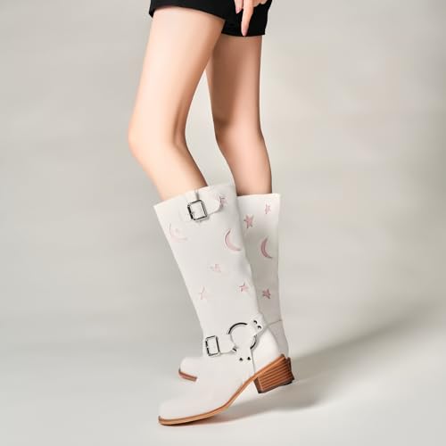 Riding Boots for Women Knee High with Buckle Stars Moon Heart Patterns Low Heel4