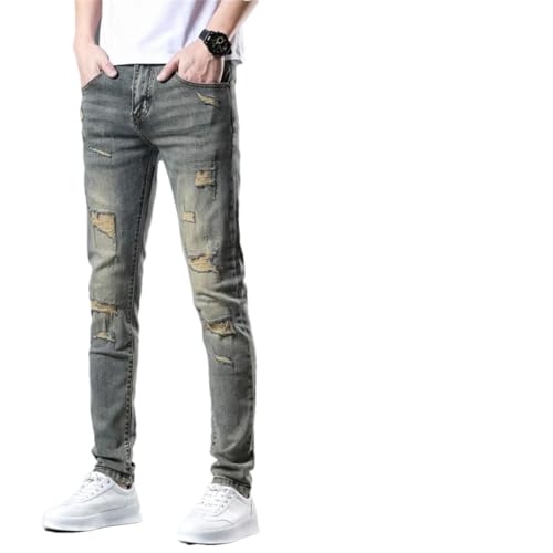 Men Vintage Slim Skinny Stretch Distressed Jeans Trousers Streetwear Patchwork Top Jeans