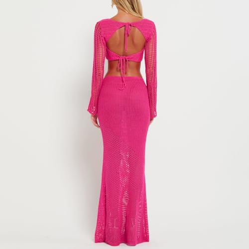 FEORJGP Womens Summer Crochet Knit 2Pcs Skirt Set Hollow Out Backless Tube Top with Long Skirt 2 Piece Skirt Set Streetwear4