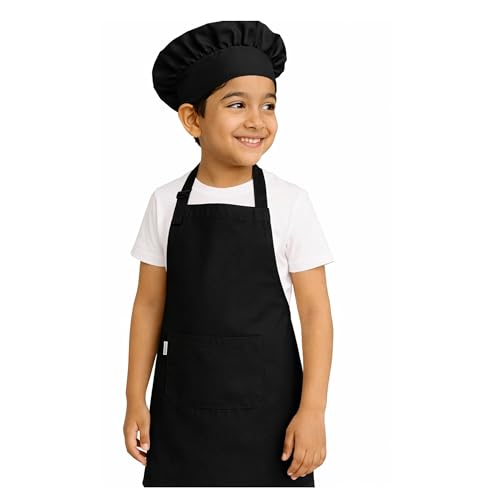 Image of uniformer Kids Apron with Chef Cap for Cooking, Baking, Painting Art & Crafts | Adjustable Child Apron with 2 Pockets | Great for Kitchen, School
