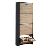 CASABEL Meuble à Chaussures Moderne 4 Abattants, Rangement Chaussures 24 Paires, Bois et Noir, Meuble en Bois, Dimensions L60xP24xH150 cm, Grande Capacité, Facile à Installer