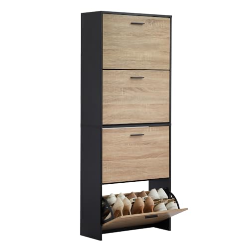 CASABEL Meuble à Chaussures Moderne 4 Abattants, Rangement Chaussures 24 Paires, Bois et Noir, Meuble en Bois, Dimensions L60xP24xH150 cm, Grande Capacité,...