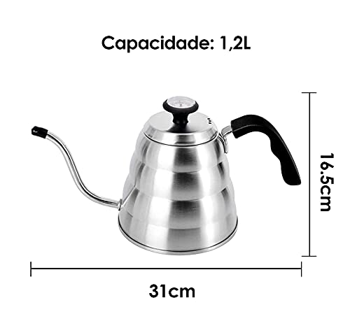Chaleira Bico De Ganso Fino Barista c/Termômetro 1,2L Aço inoxidável,com Toalhas