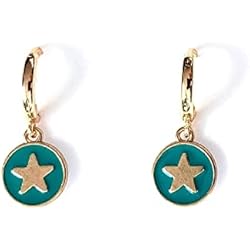 Aros De Oro Para Mujer Colgantes Pendientes Mujer Chapados en Oro con Estrellas de Colores - Aros con Colgante Circular con la Estrella en el Centro - Perfectos para Regalo - Estrellas (Verde)