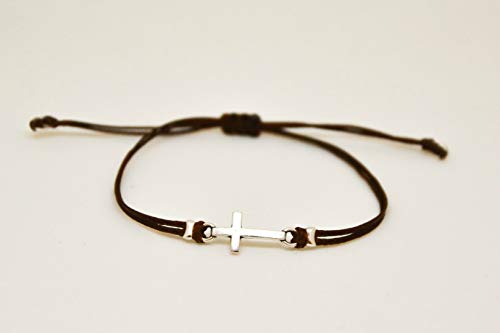 Cross Bracelet, Women Bracelet With Silver Cross Charm, Christian Catholic Jewelry, Brown Cord, Gift For Her, Adjustable Sliding Knot #TOP1