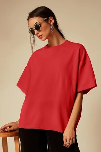 Image of JUNEBERRY Pure Cotton Oversized Baggy Fit Half Sleeve Drop Shoulder Plain Solid Round Neck T-Shirt for Women (Available in Black, White, Lilac, Cork, Maroon, Royal Blue, Swan White, Soap Nut Colors)