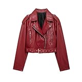 Clásica: la chaqueta de moto cuenta con solapas grandes y cuatro remaches, clásica. Bolsillo decorativo con cremallera y bolsillo sintético en el pecho derecho, y costuras acolchadas a rayas de motocicleta en hombros, puños y cintura. Excelente diseño, sastrería profesional y costuras de alta calidad que pueden mostrar mejor tu figura.