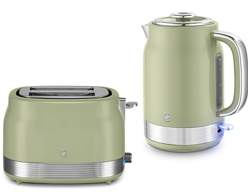 Swan Retro Revive Green 1.7L 3KW Jug Kettle & 2 Slice Toaster. Matching Retro Design Kettle & Toaster Set in Green with Chrome Accents