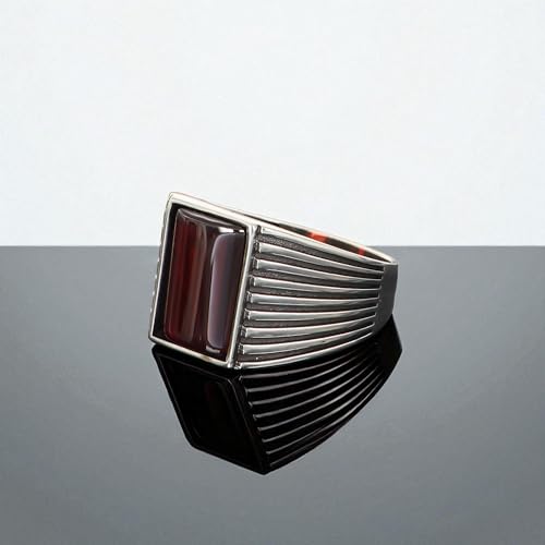 Men's Sterling Silver Rectangular Gemstone Ring – Vertical Ribbed Band Design, 925 Solid Silver Statement Jewelry4