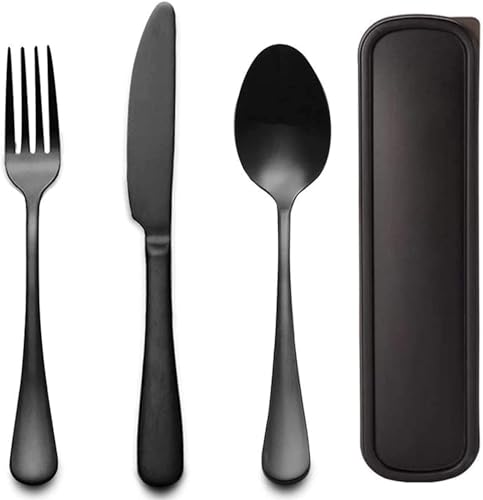 Image of Portable Utensils Set with Case - Reusable Stainless Steel Cutlery Set, Eco-Friendly 3-Piece Knife Fork Spoon Travel Set for Camping, Office, School, Picnic & Outdoor Use (Black)