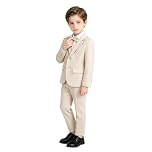 LOLANTA 3PCS Page Boys Plaid Suit, Wedding Prom Smart Blazer, Formal Wear Jacket Trousers Bow Tie Set(Beige,11-12 Years,Tag 150)