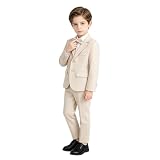 LOLANTA 3-teiliges Jungen Plaid Anzug Set, Eleganter Blazer für Hochzeits-Abschlussball, Formelle Kleidung Jacken-Hose-Fliege Set(Beige,7-8 Jahre,Etikettengröße 130)