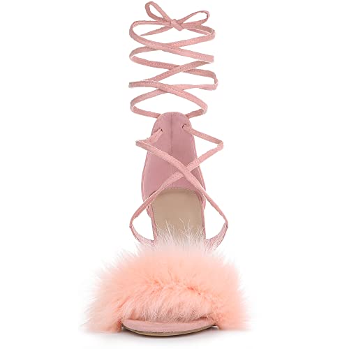 Allegra K Allegra K Women's Faux Fur Stiletto Heel Pink Lace Up Heels Sandals 7 M US