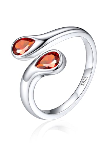 Silvora Anillo Plata 925 Mujer Piedra Gota de Agua Circonita Rojo Plata de Primera Ley Dedo Medio Pulgar Ajustable Alianza Pareja Novia Banda Fina Compromiso