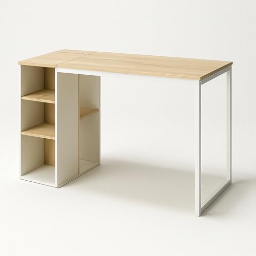 39F Furniture Dream Escritorio infantil con estantes de almacenamiento, mesa de estudio infantil de estilo nórdico con parte superior de efecto madera y marco blanco para dormitorio, oficina o sala de