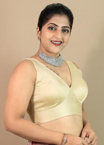 Image of FIGURE'S DESIGNER Women's Dupion Raw Silk Sleeveless V Neck Sabyasachi Cut Readymade Saree Blouse Padded Stitched S4