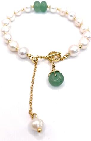 EVOLS DESIGNS Pearl Jade Bracelet Adjustable Green Jade Stone Baroque Jewelry Gold Tone Link Charm. Vintage Pearl Adjustable Bracelet. Comes With A Custom Packaging. A Wonderful Gift for Her For All Occasions.