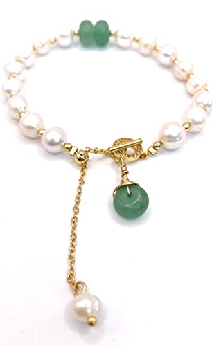Evols Designs Pearl Jade Bracelet Adjustable Green Jade Stone Baroque Jewelry Gold Tone Link Charm. Vintage Pearl Adjustable Bracelet. Comes With A Custom Packaging. A Wonderful Gift For Her For All Occasions. #TOP20