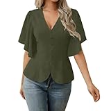 Womens Dressy Tops Casual Ruffle Short Sleeve Henley V Neck Blouses with Buttons Fashion Summer Work Vacation Shirts Army Green