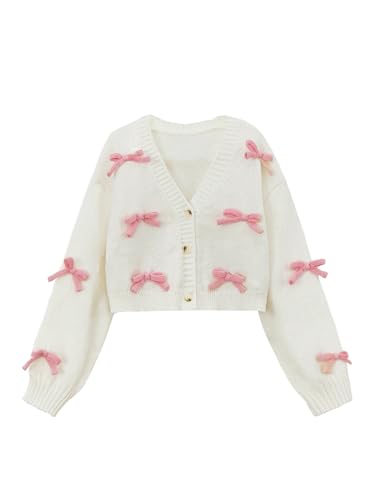 SHENHE Girl's Bow Button Down Knitted Cardigan V Neck Loose Cute Crop Sweater Outwear