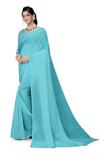 ETHNICMODE - ETHNICMODE indien Sari For femme Plain Zari Chiffon Light Weight Party Wear Sky Blue Saree With Unstitched Blouse Piece-1245