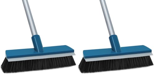 Image of Stiff Bristle Deck Brushes for Scrubbing Heavy Duty with Rubber Scrape Squeegee, 55 inch Long Handle Scrub Brush for Bathroom Shower Carpet Outdoor Floor Cleaning (Head Size: 10.8 inch) (Pack of 2)