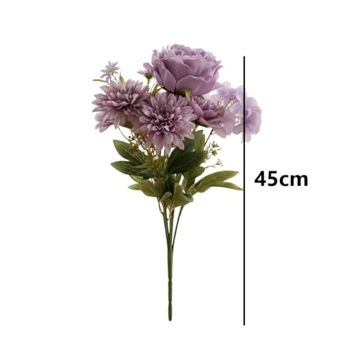Image of Artificial Flower Bouquet - Purple Silk Roses, Peony & Mixed Flowers with Green Leaves | Realistic Faux Floral Arrangement for Home Decoration, Wedding, Party & Gift