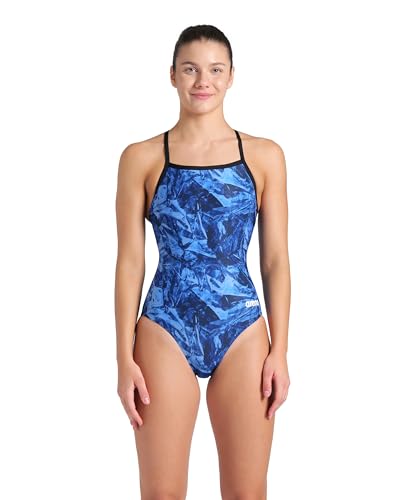 ARENA Women's Swimsuit Crackle Team Print MaxLife Sports Suit Light Drop Back One Piece Bathing Suit Competition Training Racing Swimwear, Black/Team Royal, US Size 24