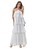 SOLY HUX Women's Wedding Guest Dress Sundresses Ruffle Layered Halter Backless Flowy Formal Maxi Dresses Solid White Large
