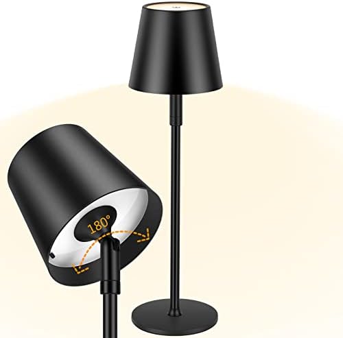 LED Cordless Table Lamp, Rotatable Head, Rechargeable Battery Powered Touch Desk Lamp, Stepless Dimming Night Light, Metal Shell, for Dining Coffee Table Restaurant Bedroom Study (Large, Black)