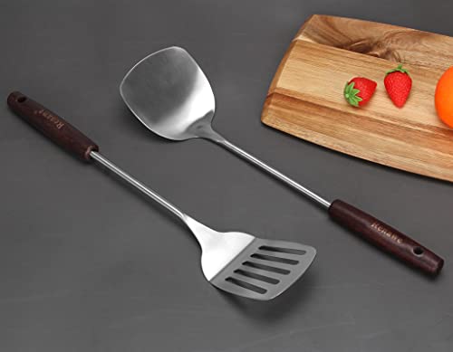 15 inch Large Spatula Slotted Turner Soup Ladle Stainless Steel Wok Spatula Set Slotted Spoon for Cooking Utensils Set Long Wooden Handle Ladles Kitchen Metal Spatula Cooking Spoons