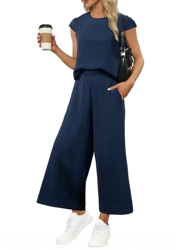 EVALESS Womens Sets 2 Piece Outfits Summer Sleeveless Tank Top and Pants Wide Leg Going Out Beach Vacation Clothes Travel Outfits for Women Navy Blue Medium