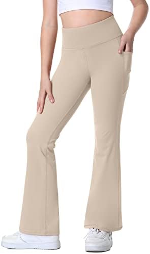 IUGA Girl's High Waist Pants Flare Leggings with Pockets Yoga Dance Leggings for Girls Athletic Running Pants Khaki